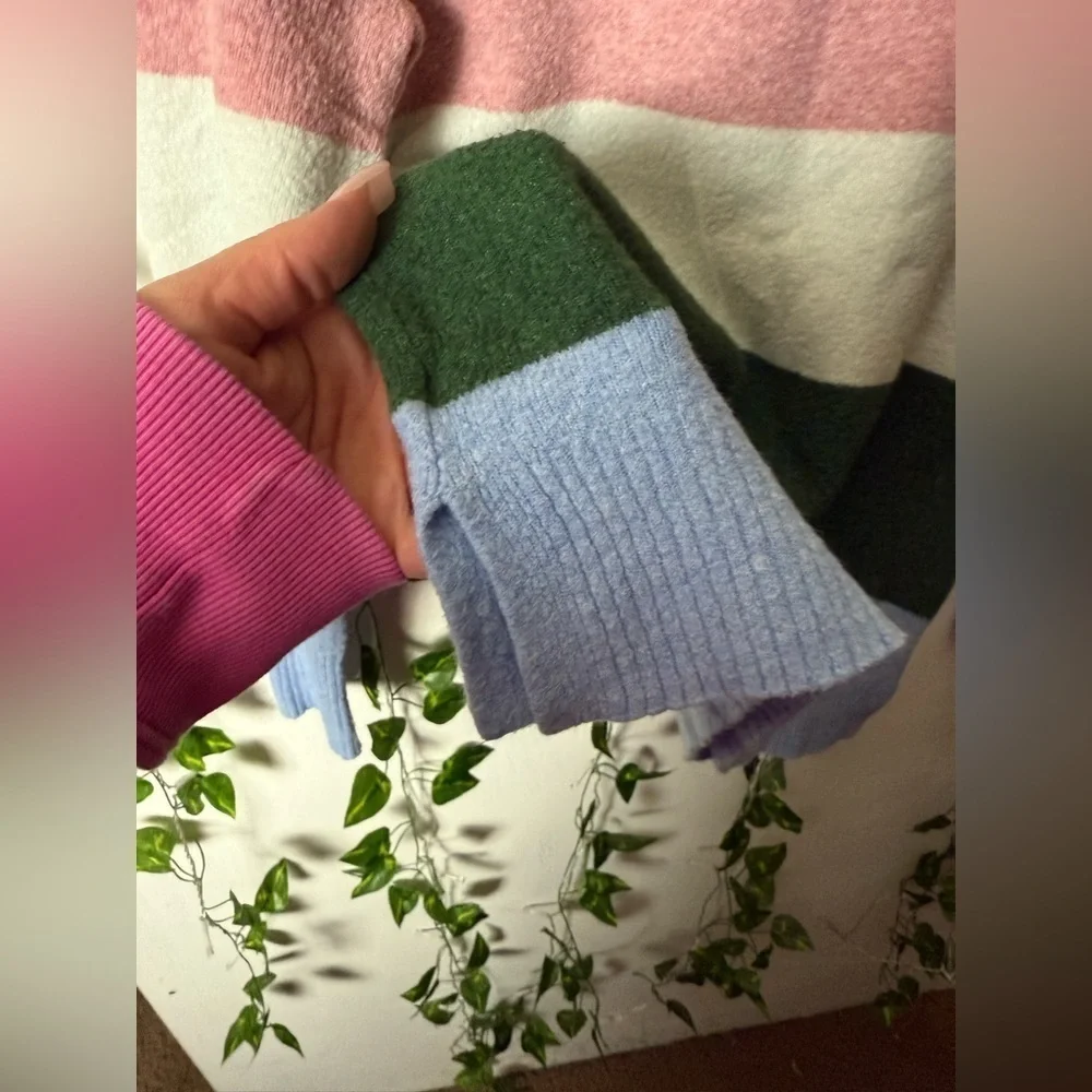 J. Crew Pink and White Crew Neck Sweater